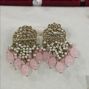 Elegant Gold and Pink Chandelier Earrings